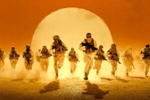 Dynamic military scene in action during the "golden hour" just before sunset. Epic battle illustration in a natural, realistic color palette with earthy tones, olive greens, sandy browns, and warm sunset accents. Sense of urgent movement and powerful, realistic military action. Beige-orange background. the scene is set against a backdrop of a full moon. --chaos 45 --ar 3:2 --raw --sref https://s.mj.run/LYJK68F9TTc https://s.mj.run/TG8fgjtkEyA --profile sqsmcwf --stylize 50 --v 7 Job ID: 5ce13c36-7113-4454-b1f3-1af887c74dd6