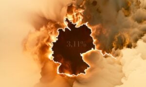 Minimalist yet ominous editorial illustration of Germany’s map outline, perfectly centered and clearly recognizable, thin dark-brown border lines only, large "3,11%" typography placed directly in the center of the map, warm beige and muted gold background, intense orange-red flames surrounding the outer edges of Germany without covering the number, smoke and heat distortion creeping inward, cinematic negative space, threatening atmosphere, highly controlled composition, elegant political poster aesthetic, clean hierarchy, ultra detailed, balanced symmetry, avoid cropped map, avoid abstract deformation, avoid floating text, avoid multiple maps, avoid unreadable typography --chaos 65 --ar 16:9 --raw --profile coxxgie --stylize 250 --weird 120 --v 8.0 Job ID: 3481d66b-f35e-4531-9c7a-525131fcc198