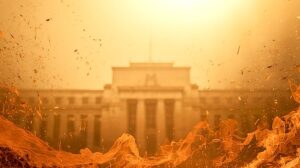 federal reserve building silhouette, warm beige-gold background, orange-red fire tongues rising from below, soft golden atmospheric haze, ember particles floating upward, muted warm tones throughout --chaos 65 --ar 16:9 --raw --sref https://s.mj.run/LYJK68F9TTc https://s.mj.run/TG8fgjtkEyA --profile coxxgie --stylize 250 --weird 120 --v 8.0 Job ID: 90ac0a59-8888-455a-805b-0bf60b3b24f2