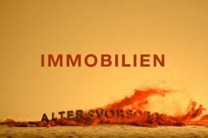 centered brown "IMMOBILIEN", warm beige-gold background with orange-red silk dust and the collapsing word "ALTERSVORSORGE" destroyed on the ground --chaos 10 --ar 3:2 --profile ag9gil1 --v 8.2 Job ID: e2c65ed2-b9f4-46c5-a93c-1478d9062ce0